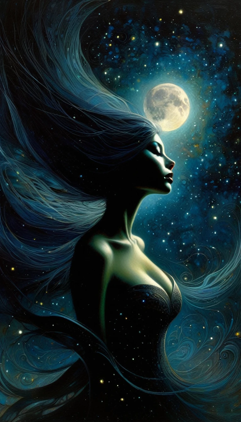 sexy, dark, loneliness, magic, fantastic, night sky, moon, stars, background, (art inspired by Dave mcKean, intricate details, oil painted )