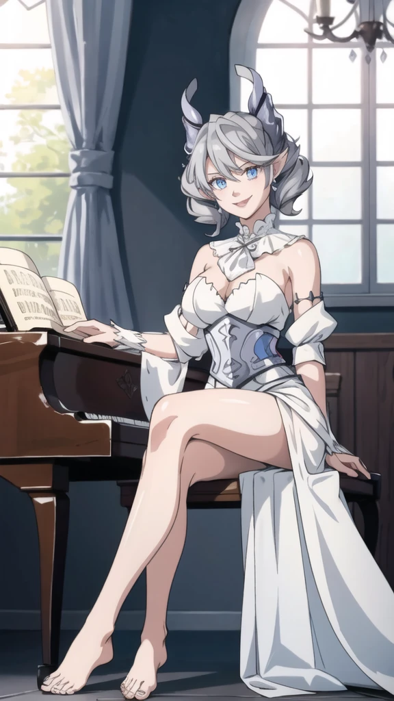 Beautiful arts wallpaper moonlight Outside castle top High level image quality best image quality 8K adult woman silver castle hall more colors whole body view portrait wearing pure white Goddess dress horn ears short hair((shortcut)(gray hair)(perm)(fluffy)) eye color is blue , evil face , face detailed , face fixed , smile , labrynth , barefoot , teasing with her breast, , sitting with crossed legs on piano , looking at the windows , stovie , crystal chandaglier , white curtains
