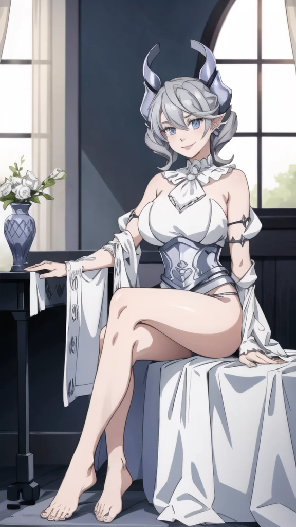 Beautiful arts wallpaper moonlight Outside castle top  High level image quality　best image quality　8K　 adult woman   silver castle hall  more colors   whole body view　portrait　 wearing pure white Goddess dress  　horn    ears  　short hair（（shortcut）（gray hair）（perm）（fluffy））　eye color is blue ,   evil face , face detailed , face fixed , smile      ,  labrynth       , barefoot , teasing with her breast,   , sitting with crossed legs on piano , looking at the windows , stovie , crystal chandaglier , white curtains 