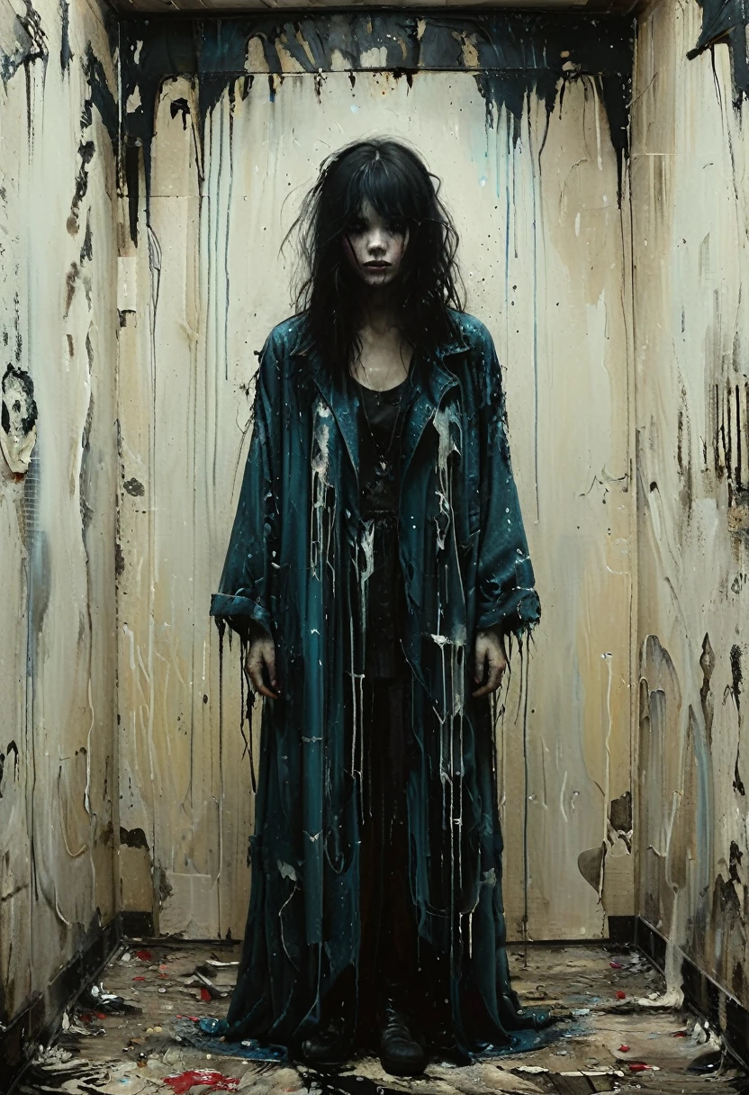 A ghostly figure wandering the abandoned halls, LED lighting, Glamorous splashes of vibrant paint、Beautiful woman、Distinct facial features