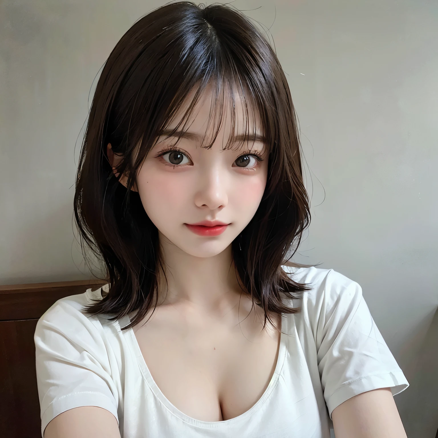 ((best quality)), ((masterpiece)), (detailed), perfect face. Asian girl. Selfie. Blank T-shirt. Bedroom wall. Cleavage.