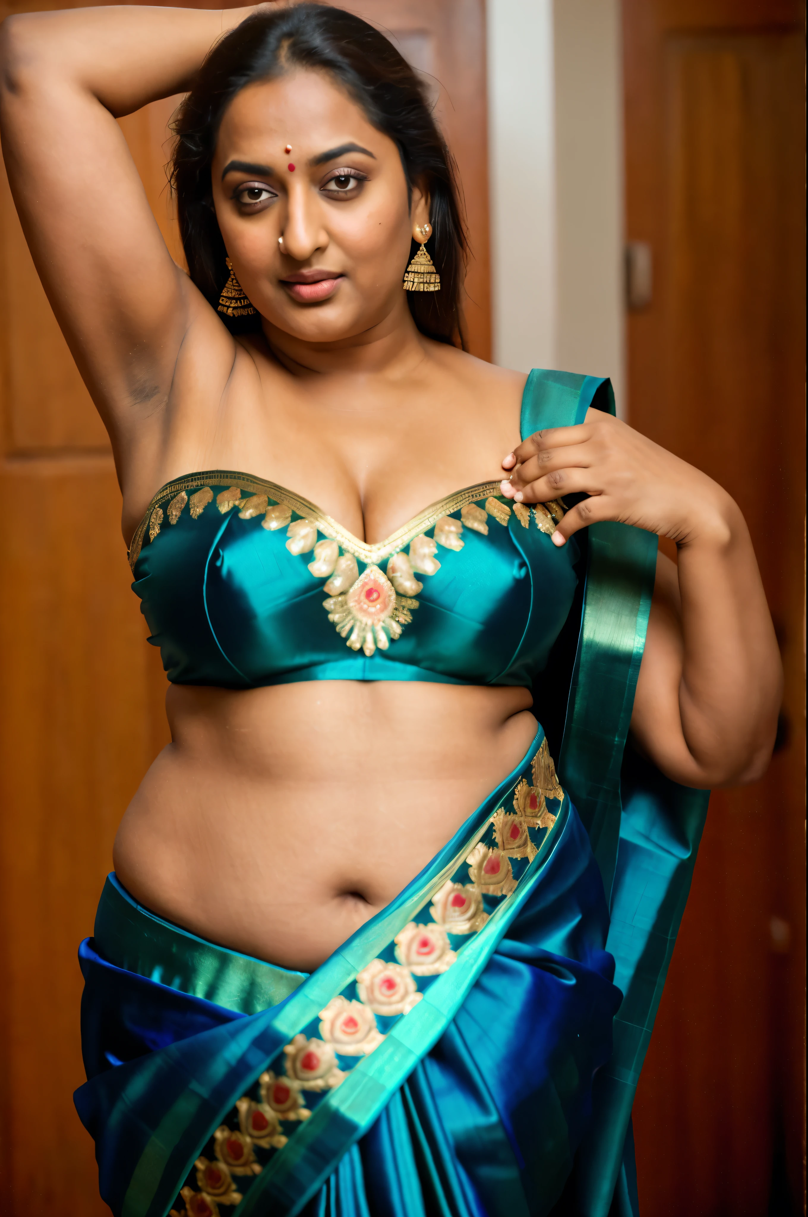 Foto RAW, photorealistic, photography, full body shot, 50 years old Woman, master shot, perfect eyes, goddess like beauty, pierced eyes, perfect thick chubby mallu Desi aunty bhabhi, Wearing a Stanapatta, a chest-band.Saree model, model Photography, Indian saree shoot, Indian traditional wear advertising photography, traditional wear brand shoot, face of Indian actress Sonakshi Sinha, masterpiece, realistic, realism, incredible details,  pleasure, photorealism, detailed skin, skin pores, high contrast, photorealistic Artstation 8k HD digital art trend of high definition and detailed realistic skin texture, ultra detail, realistic skin texture, armature, best quality, ultra high definition, (photorealistic:1.4),, high resolution, detail, raw photo, sweat, Re sharp, by Lee Jefferies Nikon D850 Film Stock Photo 4 Kodak Portra 400 Camera F1.6 Lens Rich Color Ultra Real Realistic Realistic Textures Dramatic Lighting Unreal Engine Trending at Art Station Cinestill 800,(pele altamente detalhada: 1.2), 8k UHD, DSLR, soft-lighting, alta qualidade, grain of film, Fujifilm XT3,she didn't like to wear blouse or bra, she is happy to wear only saree, she hates blouse or bra, detailed hairy armpits, hyper realistic skin, skin pores, sweat, veins, short hairs on armpit, stubble armpits, hyper realistic hairy armpits, 