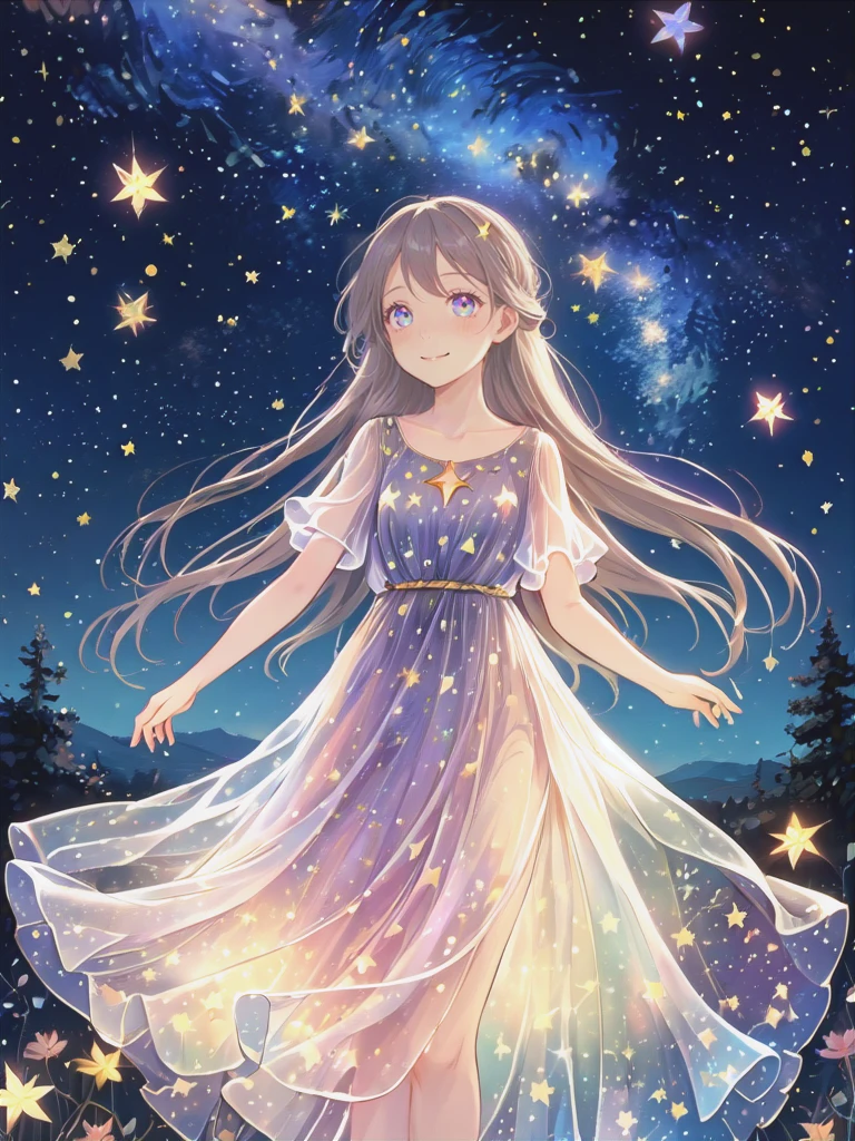 (Masterpiece,best quality,absurdres,4k,8k,highres:1.3),wishing stars, girl wearing an ethereal translucent dress made of starry_sky_print, magical, fantasy, whimsical, complex drawing, highly detailed, ethereal, starry night, vibrant