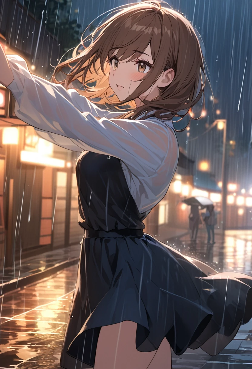 girl.Brown hair, bronze eyes.At night she dances in the rain 
