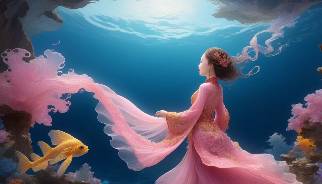1. , Solitary, Under the Deep Sea,walking underwater, Beautiful Inner Glow;Wearing pink Chinese clothing,Fairy the same,underwater dance;dancer;Golden water,Bright shining underwater,金色的bubble; Deep Shadows, Extraordinary details, bubble, spark, Sun streaks, seabed, dark, whole body, swirl, Blu-ray, Embed:Average runoff, masterpiece, high quality, 4K