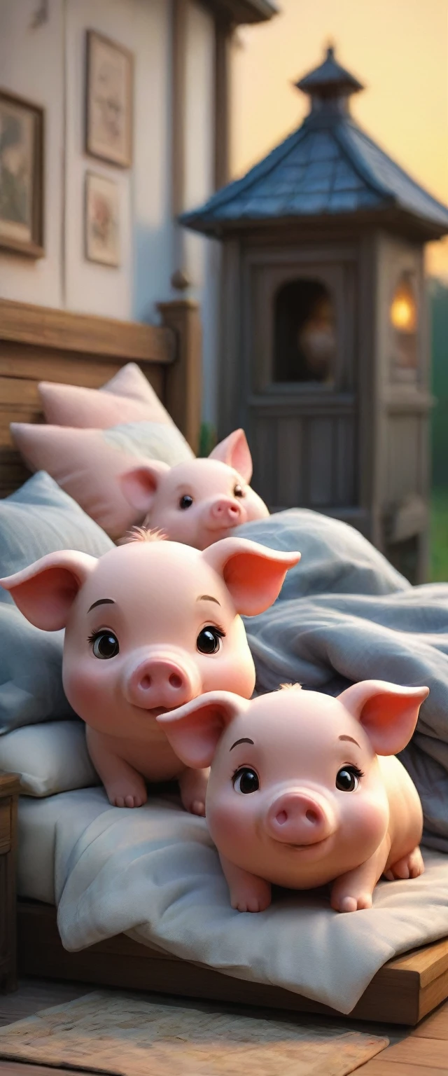 With the sunset in the background,(masterpiece:1.2, high quality), Several little pigs sleeping together in bed、