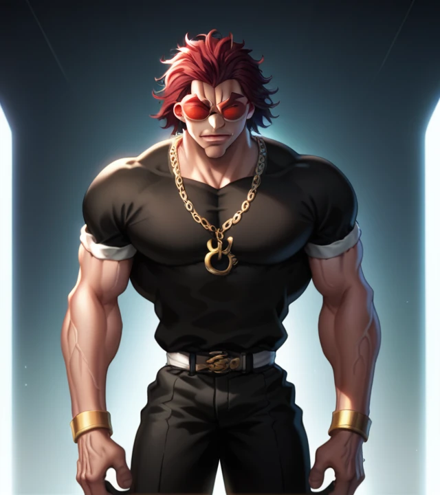 score_9, score_8_up, score_7_up, YujiroHanma, 1boy, male focus, solo, black shirt, chain necklaces, gold, sunglasses, red-tinted eyewear, muscular male, black pants, short sleeves, pupils, brown eyes, red hair, manly, veins, dynamic lighting, extremely detailed, from front, medium shot, looking at viewer, upper body, lips, very veiny, glare, white background