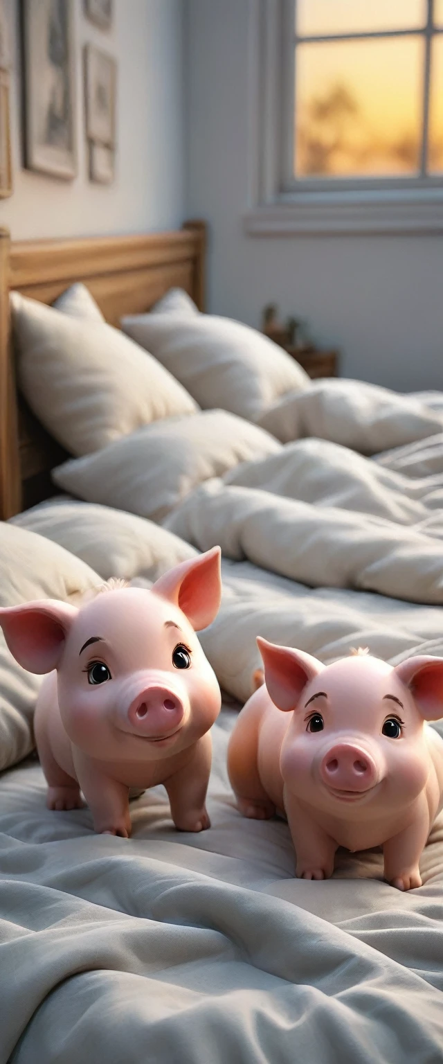 With the sunset in the background,(masterpiece:1.2, high quality), Several little pigs sleeping together in bed、