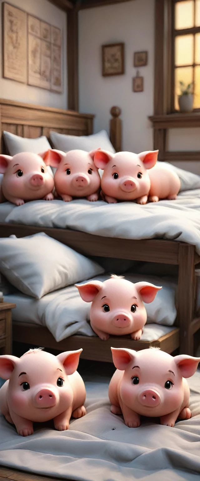 With the sunset in the background,(masterpiece:1.2, high quality), Several little pigs sleeping together in bed、