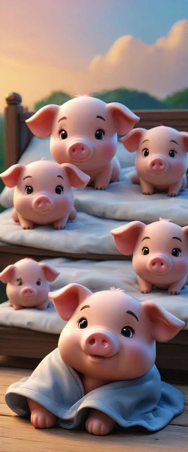 With the sunset in the background,(masterpiece:1.2, high quality), Several little pigs sleeping together in bed、