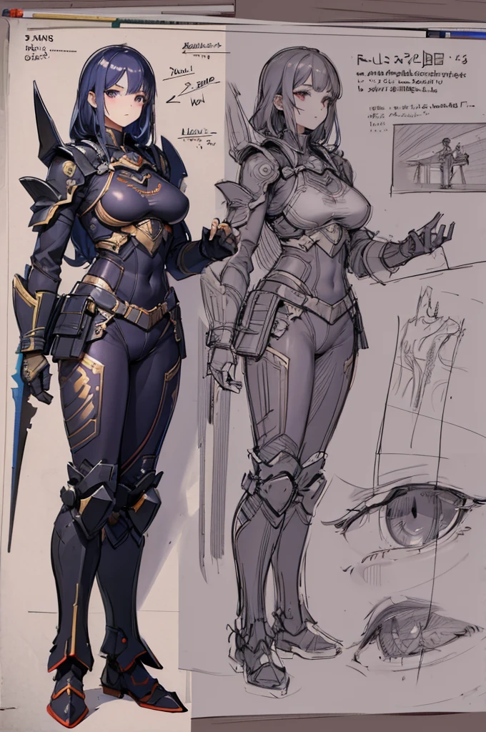 multiple views, pencil sketch, (sketch:1.25), best quality, Line draft, highres, (ultra-detailed:1.1), (illustration:1.1), (infographic:1.2), (solo), perfectly drawn hands, standing, cohesive background, paper, action, (character design:1.1)