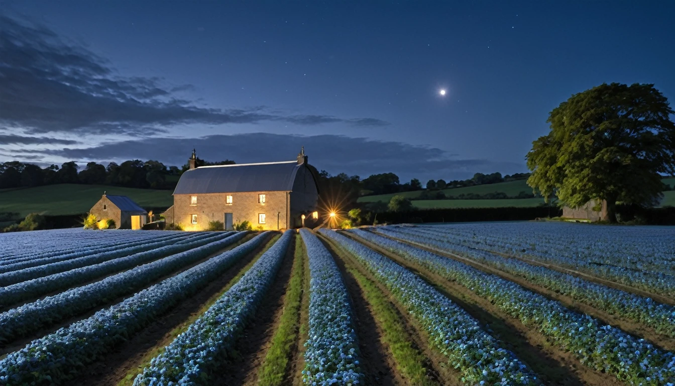 Night blue fields of shiny cottons with a slate roof farm
