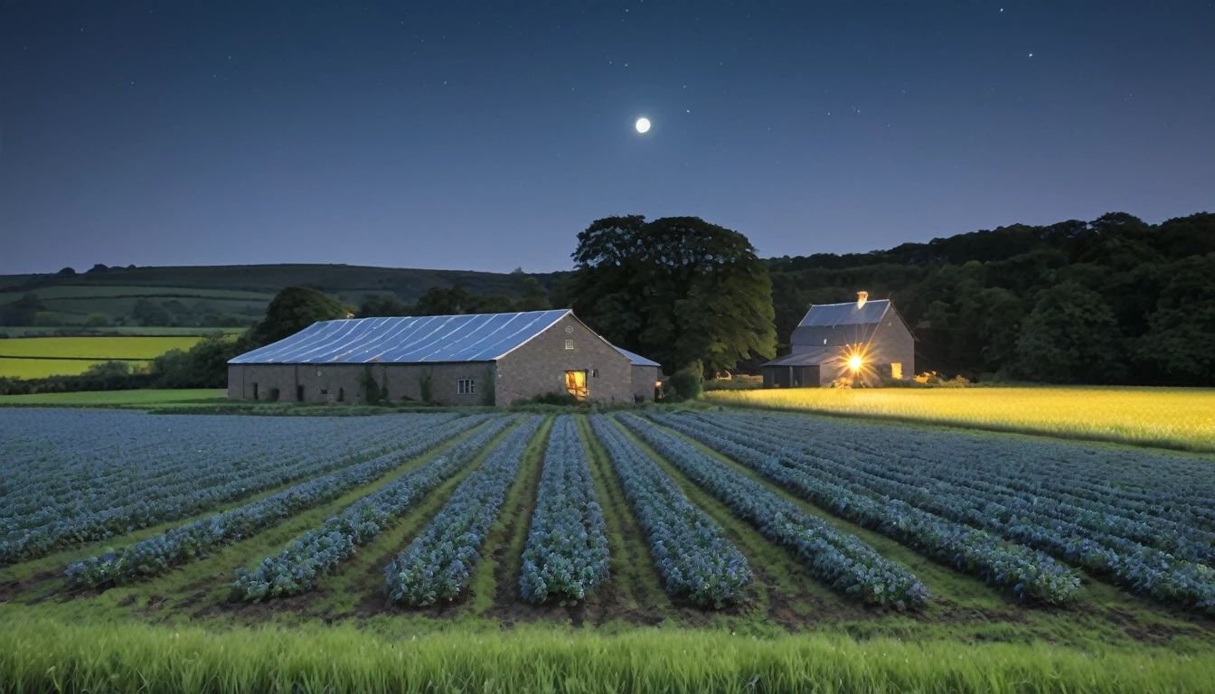 Night blue fields of shiny cottons with a slate roof farm