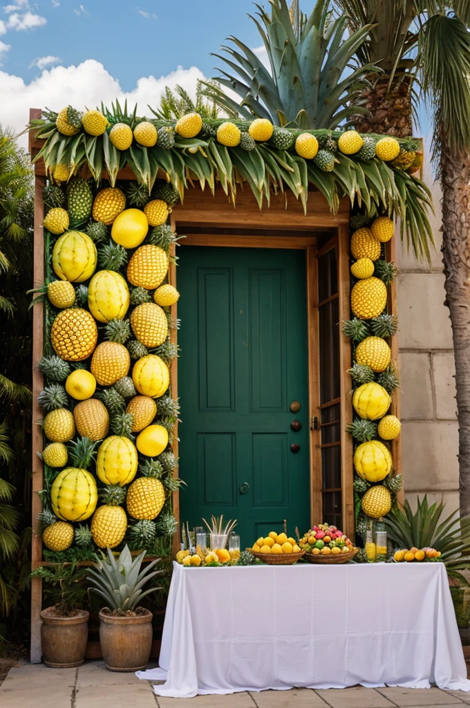 2d banner says,(Loma Bonita Oax.) Decorated with pineapples and limes
