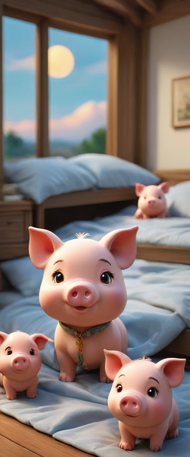 With the sunset in the background,(masterpiece:1.2, high quality), Several little pigs sleeping together in bed、
