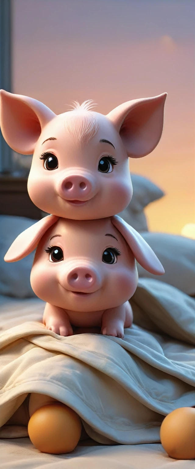 With the sunset in the background,(masterpiece:1.2, high quality), Several little pigs sleeping together in bed、