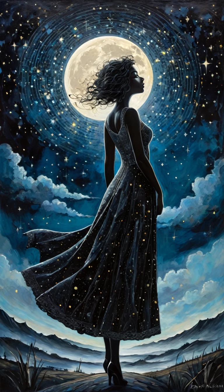sexy, dark, loneliness, magic, fantastic, night sky, moon, stars, background, (art inspired by Dave mcKean, intricate details, oil painted )
