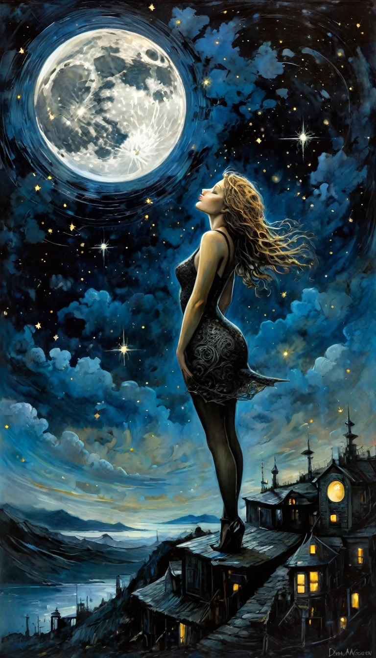 sexy, dark, loneliness, magic, fantastic, night sky, moon, stars, background, (art inspired by Dave mcKean, intricate details, oil painted )