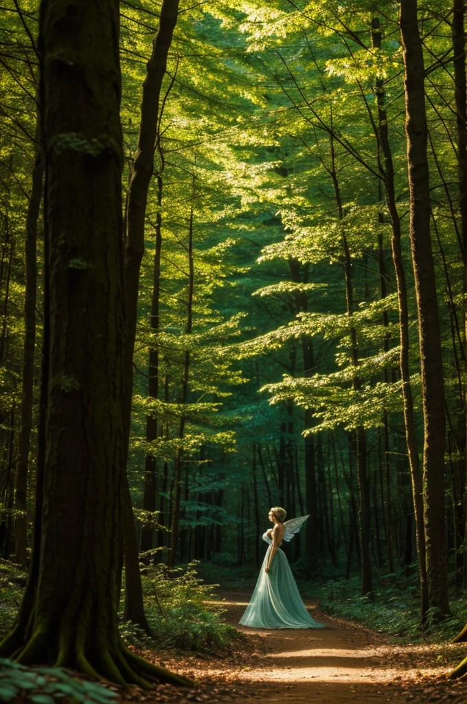 A fairy in a full forest.of light with many trees
