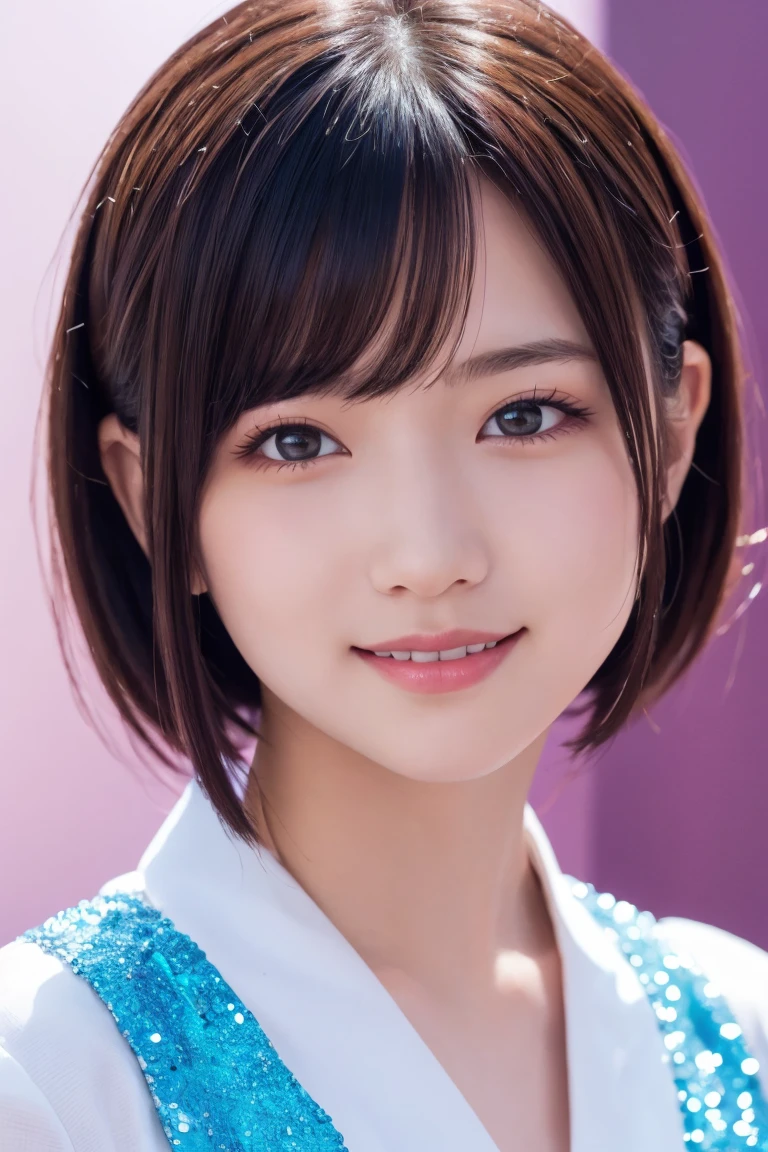 1 Girl, (Wearing colorful stage costumes:1.2), Very beautiful Japanese idol portraits, Face close-up, (RAW Photos, Highest quality), (Realistic, Realistic:1.4), (masterpiece), Very delicate and beautiful, Very detailed, 2k wallpaper, wonderful, finely, Very detailed CG Unity 8K wallpaper, Very detailed, High resolution, Soft Light, Beautiful detailed girl, Very detailed目と顔, Beautiful and sophisticated nose, Beautiful and beautiful eyes, Cinema Lighting, (Simple light color background:1.3), (short hair), (Bob), Complete Anatomy, Slender body, Small breasts, smile、In town