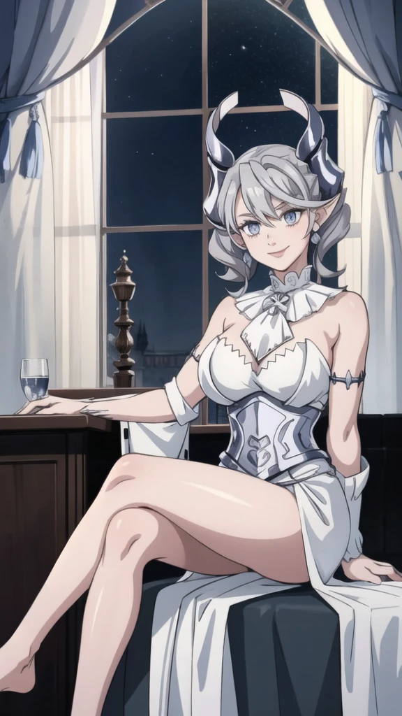 Beautiful arts wallpaper moonlight Outside castle top High level image quality best image quality 8K adult woman silver castle hall more colors whole body view portrait wearing pure white Goddess dress horn ears short hair((shortcut)(gray hair)(perm)(fluffy)) eye color is blue , evil face , face detailed , face fixed , smile , labrynth , barefoot , teasing with her breast, , sitting with crossed legs on piano , looking at the windows , stovie , crystal chandaglier , white curtains