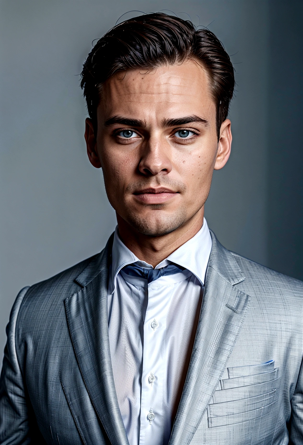 high quality photo of a handsome and elegant man, looking at the camera, dressed in a suit, White background