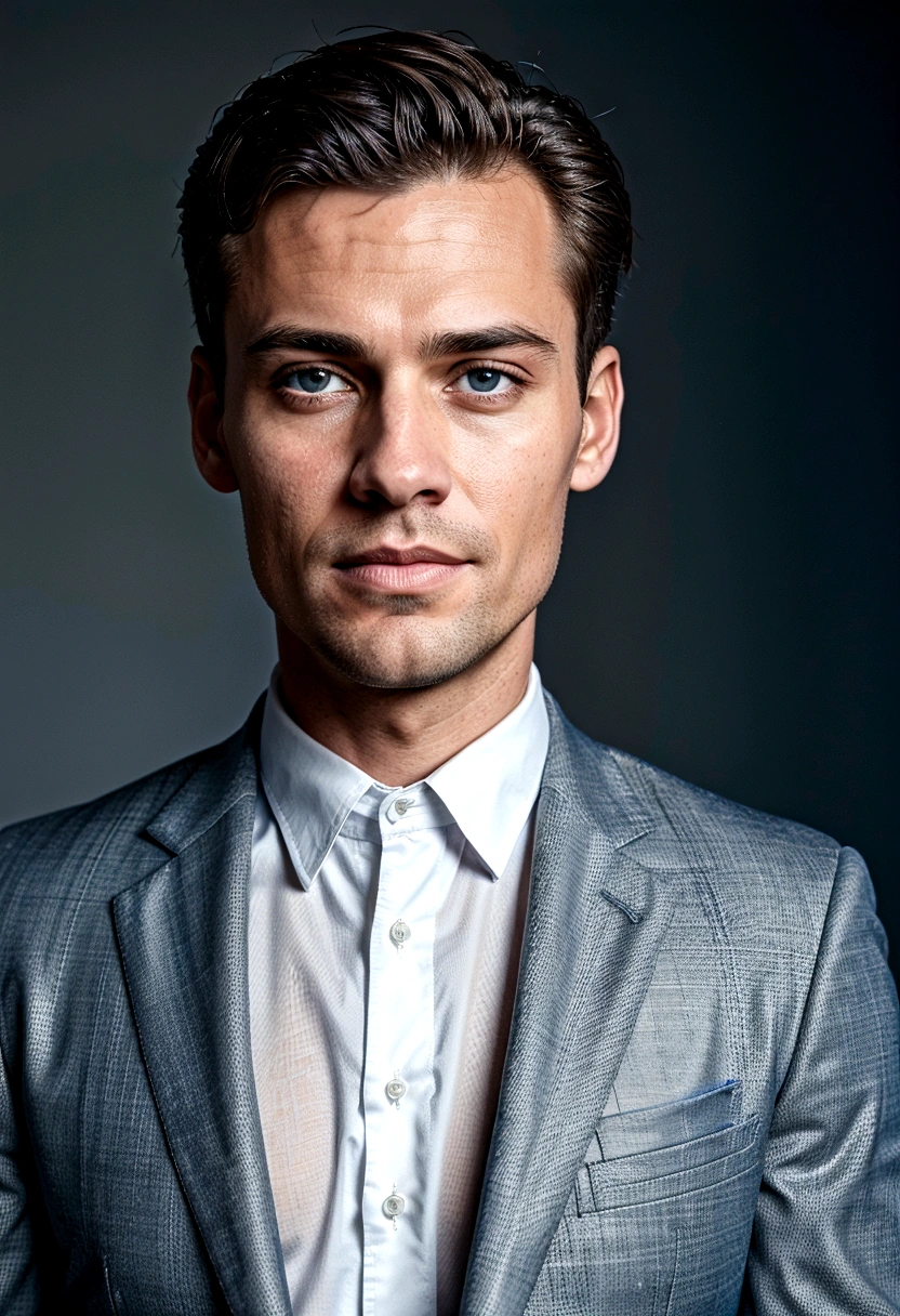 high quality photo of a handsome and elegant man, looking at the camera, dressed in a suit, White background