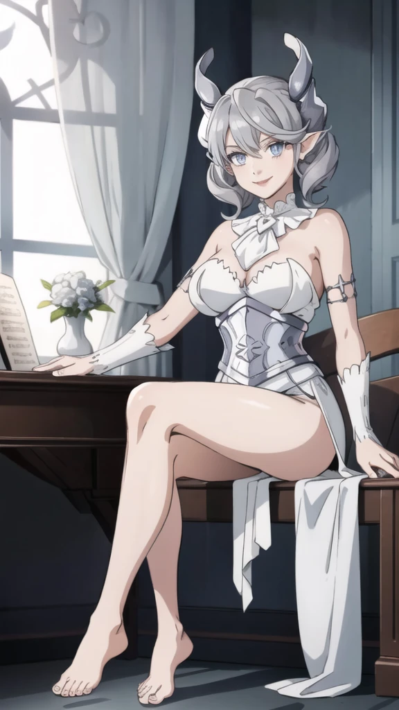 Beautiful arts wallpaper moonlight Outside castle top High level image quality best image quality 8K adult woman silver castle hall more colors whole body view portrait wearing pure white Goddess dress horn ears short hair((shortcut)(gray hair)(perm)(fluffy)) eye color is blue , evil face , face detailed , face fixed , smile , labrynth , barefoot , teasing with her breast, , sitting with crossed legs on piano , looking at the windows , stovie , crystal chandaglier , white curtains