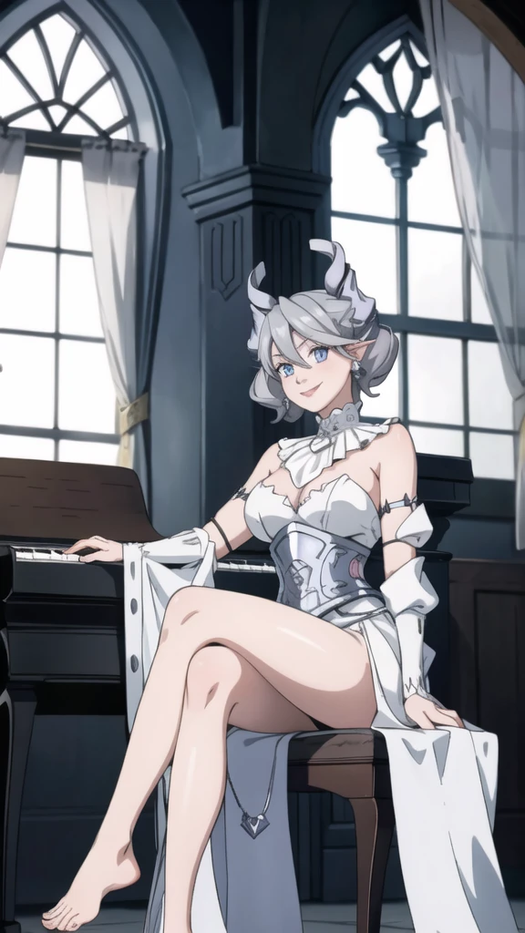 Beautiful arts wallpaper moonlight Outside castle top High level image quality best image quality 8K adult woman silver castle hall more colors whole body view portrait wearing pure white Goddess dress horn ears short hair((shortcut)(gray hair)(perm)(fluffy)) eye color is blue , evil face , face detailed , face fixed , smile , labrynth , barefoot , teasing with her breast, , sitting with crossed legs on piano , looking at the windows , stovie , crystal chandaglier , white curtains