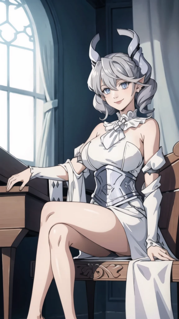 Beautiful arts wallpaper moonlight Outside castle top High level image quality best image quality 8K adult woman silver castle hall more colors whole body view portrait wearing pure white Goddess dress horn ears short hair((shortcut)(gray hair)(perm)(fluffy)) eye color is blue , evil face , face detailed , face fixed , smile , labrynth , barefoot , teasing with her breast, , sitting with crossed legs on piano , looking at the windows , stovie , crystal chandaglier , white curtains