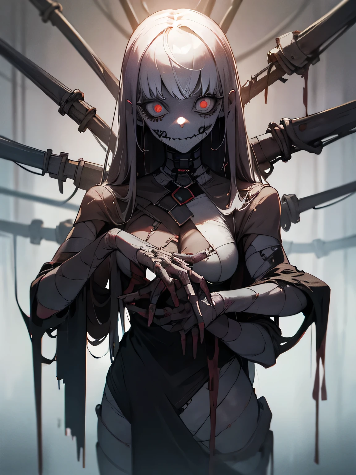 A horrifying, patchwork woman, made of various human body parts, with numerous limbs and rough stitches clearly visible, in a dimly lit, creepy setting.