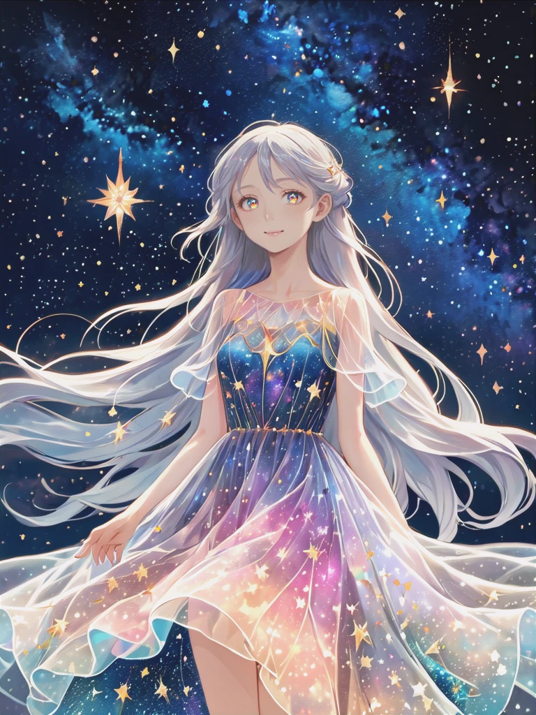 (Masterpiece,best quality,absurdres,4k,8k,highres:1.3), girl wearing an ethereal translucent dress made of starry_sky_print, magical, fantasy, whimsical, complex drawing, highly detailed, ethereal, starry night, vibrant 