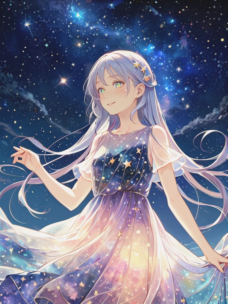 (Masterpiece,best quality,absurdres,4k,8k,highres:1.3), girl wearing an ethereal translucent dress made of starry_sky_print, magical, fantasy, whimsical, complex drawing, highly detailed, ethereal, starry night, vibrant