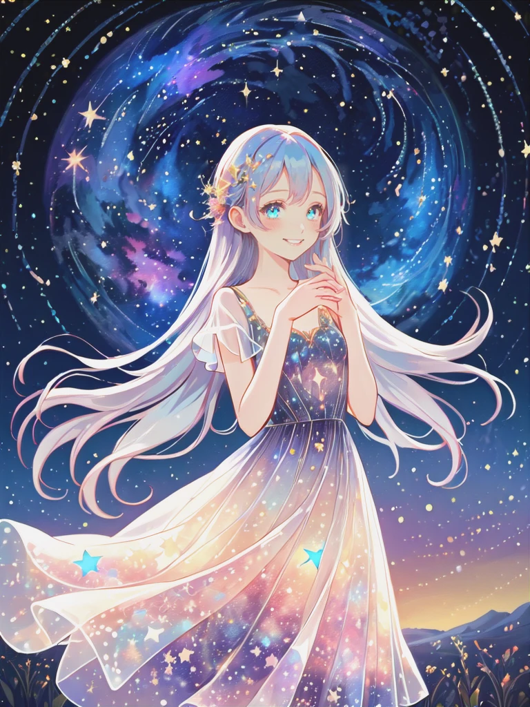 (Masterpiece,best quality,absurdres,4k,8k,highres:1.3), girl wearing an ethereal translucent dress made of starry_sky_print, magical, fantasy, whimsical, complex drawing, highly detailed, ethereal, starry night, vibrant
