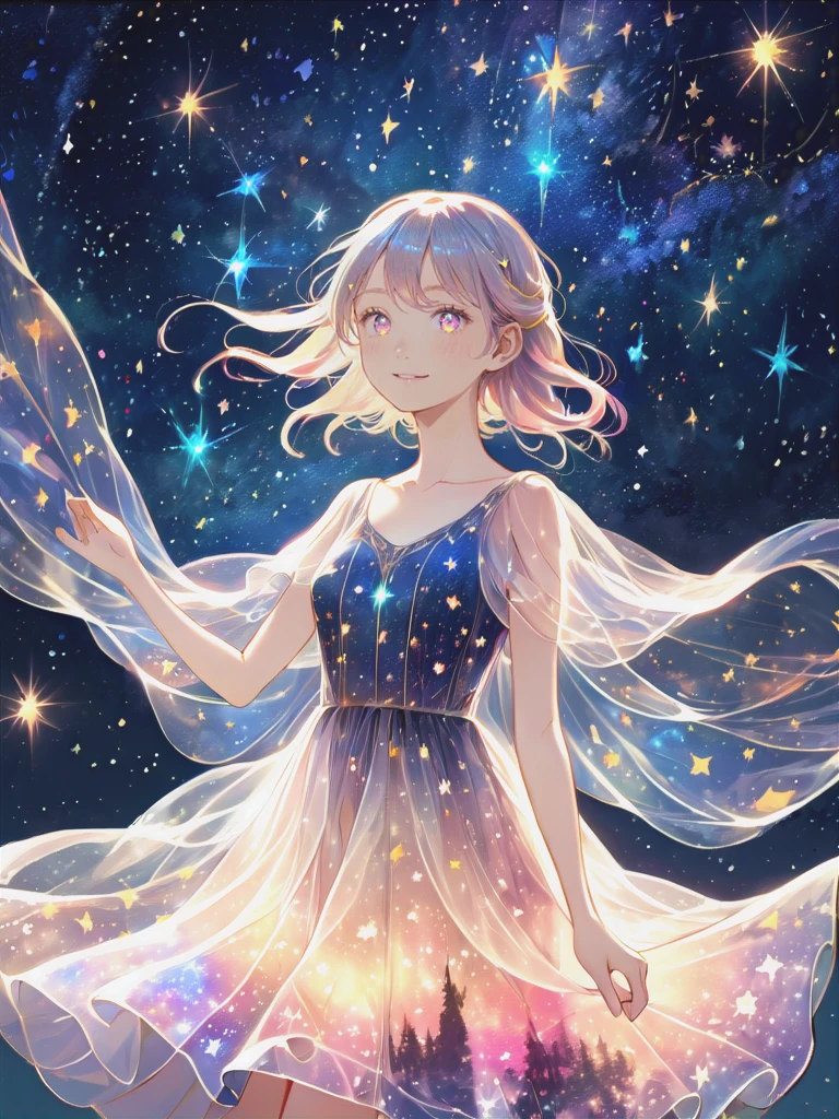 (Masterpiece,best quality,absurdres,4k,8k,highres:1.3), girl wearing an ethereal translucent dress made of starry_sky_print, magical, fantasy, whimsical, complex drawing, highly detailed, ethereal, starry night, vibrant