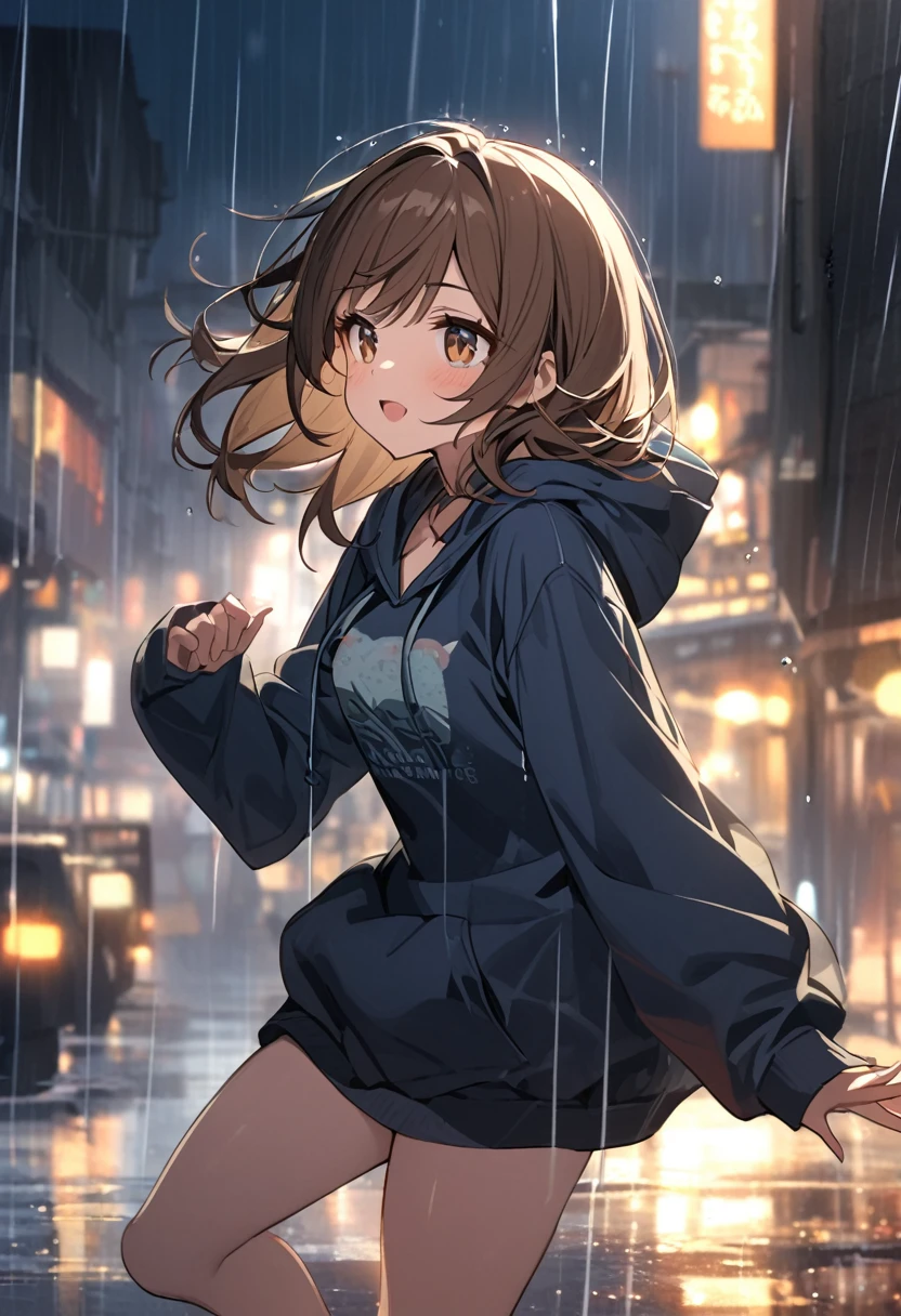 girl.Brown hair, bronze eyes. She wears a hoodie.At night she dances in the rain