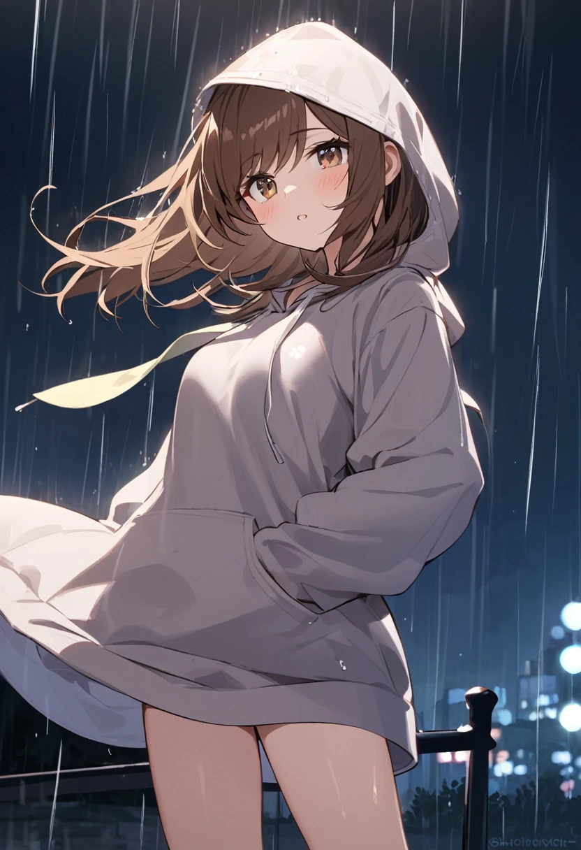 girl.Brown hair, bronze eyes. She wears a hoodie.At night she dances in the rain