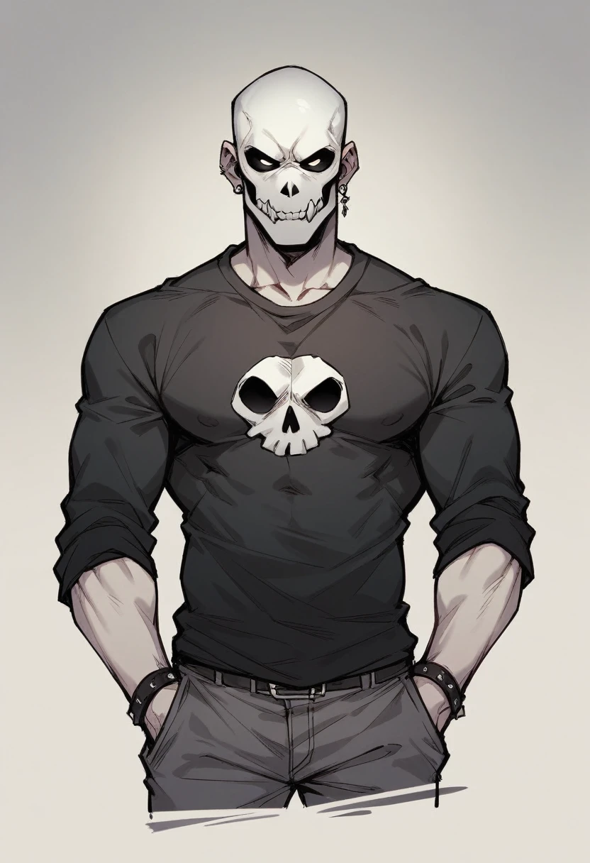 man wearing a black shirt and a black skull mask