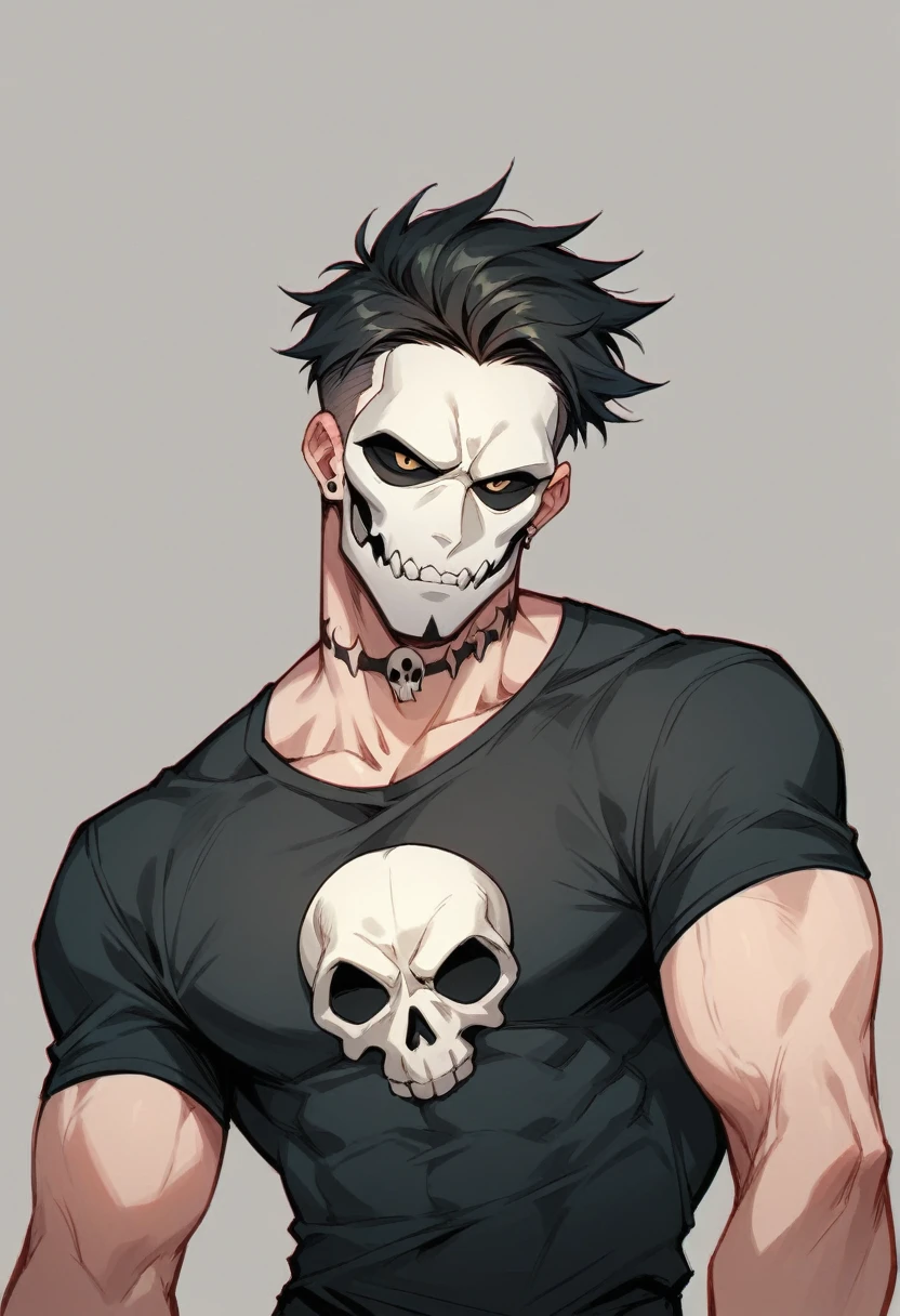 man wearing a black shirt and a black skull mask