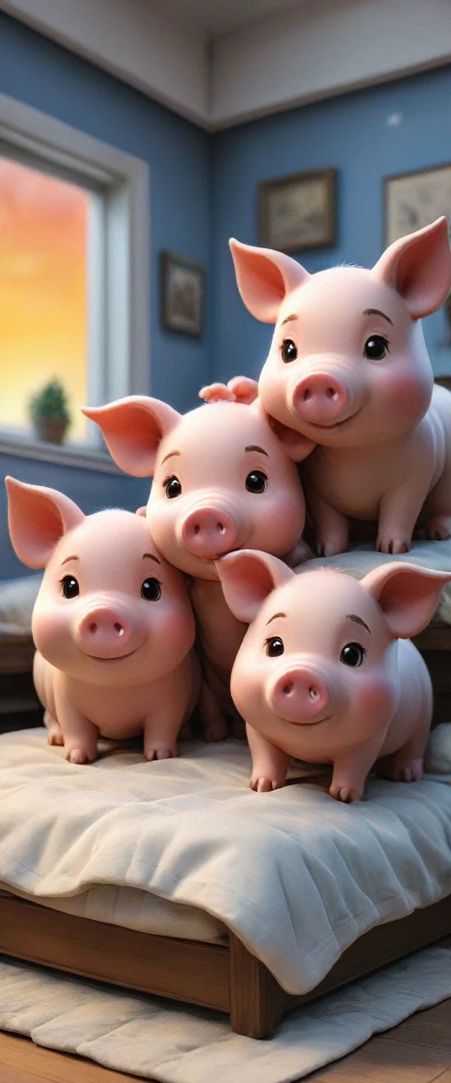With the sunset in the background,(masterpiece:1.2, high quality), Several little pigs sleeping together in bed、