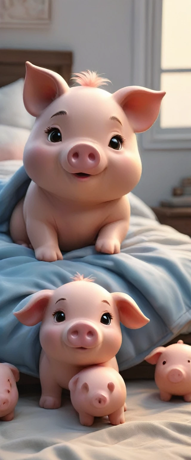 With the sunset in the background,(masterpiece:1.2, high quality), Several little pigs sleeping together in bed、