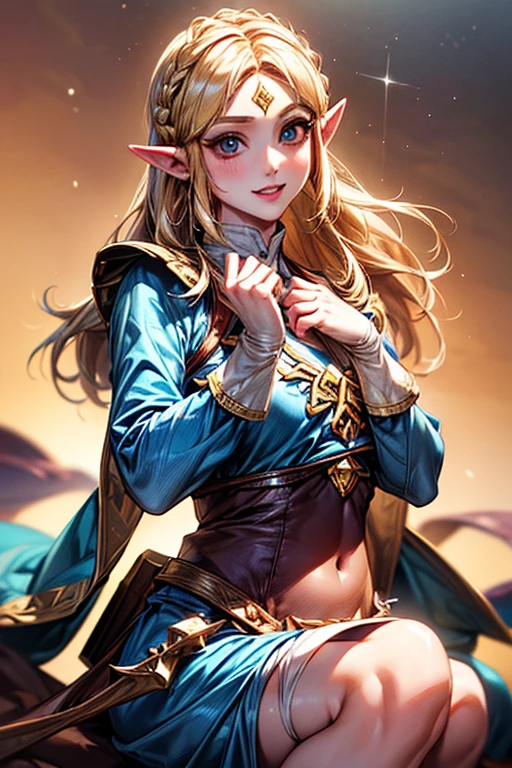 ((Highest quality、masterpiece、8K))、Anatomically correct、Very detailed、High resolution、Realistic、Young face、Beautiful white skin、((Beautiful, starry, almond-shaped, detailed eyes))、Well-formed nose bridge、Intricate details、Cinematic lighting、((Super Breasts 1.4))、((Dynamic composition))、((Beautiful, shiny blonde hair))、Medium Hair、((Princess Zelda))、Cloudless blue sky、Fighting Princess、Archaic Smile、Meow meow