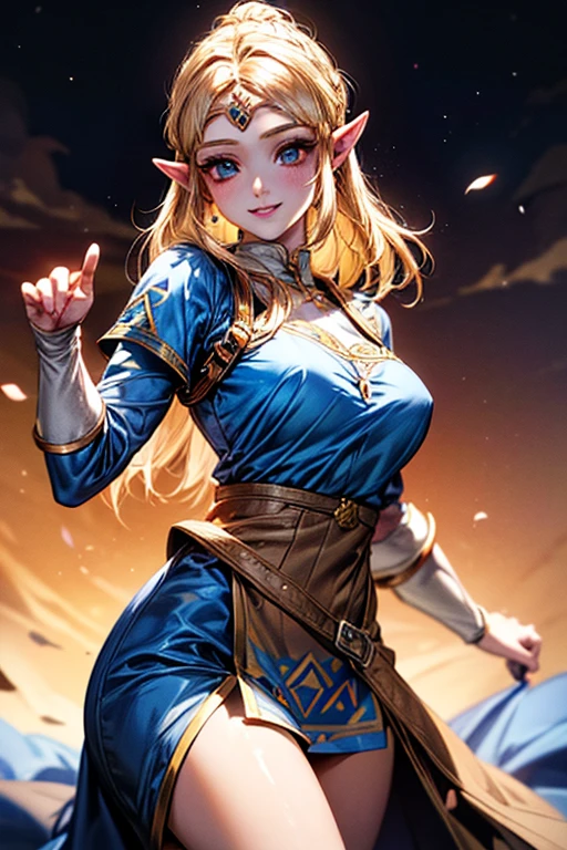 ((Highest quality、masterpiece、8K))、Anatomically correct、Very detailed、High resolution、Realistic、Young face、Beautiful white skin、((Beautiful, starry, almond-shaped, detailed eyes))、Well-formed nose bridge、Intricate details、Cinematic lighting、((Super Breasts 1.4))、((Dynamic composition))、((Beautiful, shiny blonde hair))、Medium Hair、((Princess Zelda))、Cloudless blue sky、Fighting Princess、Archaic Smile、Meow meow