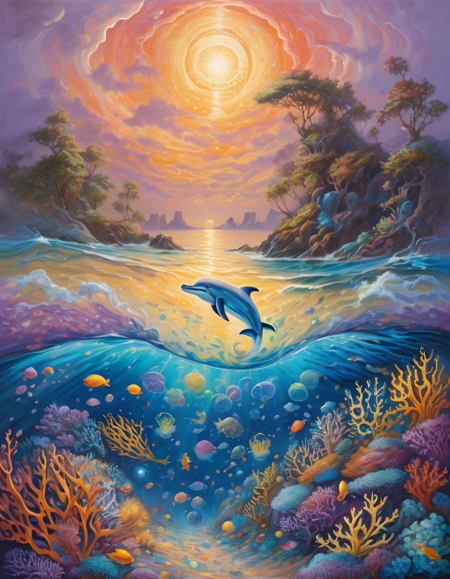 a dreamlike and captivating underwater scene, where imagination meets reality. In the foreground, (( a woman diver detailed explores the depths of a colorful coral reef, surrounded by small bioluminescent creatures that dance around her, leaving behind luminous trails )). The tropical fish with pulsating lights and the vibrant corals of all colors enhance the brilliance of this underwater landscape. Bioluminescent orbs float in the water, emitting a soft blue light and creating mystical reflections. As we move towards the water's surface, the composition transforms into a cosmic vision. A powerful wave breaks, revealing within its swirling crests a massive human eye, symbolizing divine observation. Just above this wave, a dolphin leaps gracefully, leaving behind a trail of stardust, connecting the sea and the starry sky. Ethereal bubbles reflecting the cosmic sky float gently around the underwater scene.The sky in the background is a blend of blue, violet, and golden hues, with a luminous moon that appears both near and far. The scene is enveloped in a shimmering mist, giving it an ethereal quality. This fusion of marine and celestial elements creates a surreal and poetic scene, inviting the viewer to dive into a waking dream where the boundaries between worlds blur. Envelop the entire scene in a soft, shimmering haze that adds to the ethereal quality. Atmosphere: Evoke a mystical and dreamlike atmosphere, blurring the boundaries between reality and imagination. A peaceful atmosphere. Use lines and patterns to naturally direct the viewer’s attention upwards. Envelop the entire scene in a soft, shimmering haze that adds to the ethereal quality. Atmosphere: Evoke a mystical and dreamlike atmosphere, blurring the boundaries between reality and imagination. Create a sense of depth and dimension with sharp details in the foreground and midground, and a slightly softer focus on the cosmic elements in the background. A peaceful atmosphere,