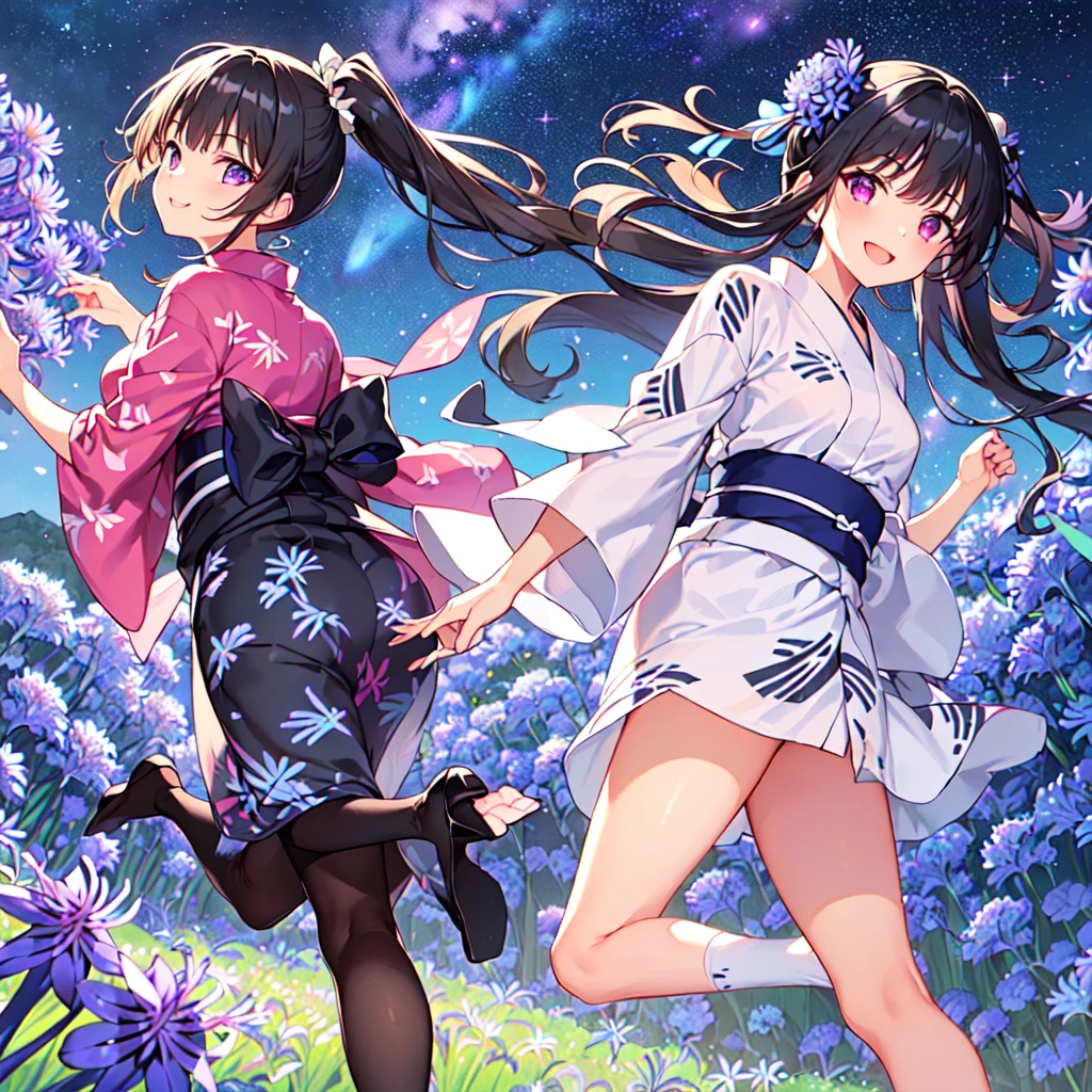 masterpiece, best quality, high quality, extremely detailed, very delicate and beautiful, (1 female 18 years old solo:1.5), (long black hair up to waist with two side up:1.5), bangs to eyebrows, eyes Eyes: 1.5), (long black hair up to waist with two side up), (bangs to eyebrows), (eyes: 1.3), (eye color magenta: 1.3), 6.5 head height, (yukata with agapanthus flower print: 1.3), knee socks, lace, frills, (smile), (running: 1.3), (smile), (dynamic pose), (agapanthus flower field in background: 1.3), ( Milky Way Night Sky: 1.3)