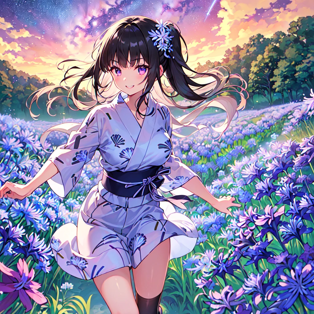 masterpiece, best quality, high quality, extremely detailed, very delicate and beautiful, (1 female 18 years old solo:1.5), (long black hair up to waist with two side up:1.5), bangs to eyebrows, eyes Eyes: 1.5), (long black hair up to waist with two side up), (bangs to eyebrows), (eyes: 1.3), (eye color magenta: 1.3), 6.5 head height, (yukata with agapanthus flower print: 1.3), knee socks, lace, frills, (smile), (running: 1.3), (smile), (dynamic pose), (agapanthus flower field in background: 1.3), ( Milky Way Night Sky: 1.3)