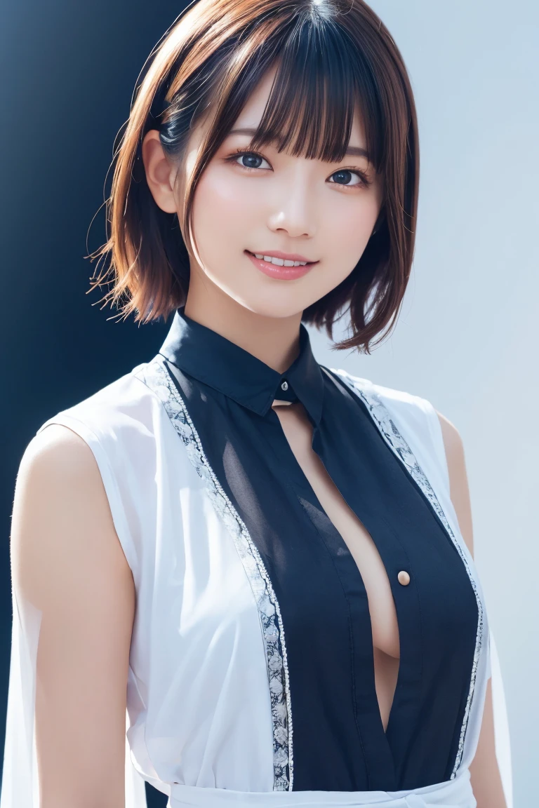 1 Girl, (Wearing colorful stage costumes:1.2), Very beautiful Japanese idol portraits, Face close-up, (RAW Photos, Highest quality), (Realistic, Realistic:1.4), (masterpiece), Very delicate and beautiful, Very detailed, 2k wallpaper, wonderful, finely, Very detailed CG Unity 8K wallpaper, Very detailed, High resolution, Soft Light, Beautiful detailed girl, Very detailed目と顔, Beautiful and sophisticated nose, Beautiful and beautiful eyes, Cinema Lighting, (Simple light color background:1.3), (short hair), (Bob), Complete Anatomy, Slender body, Small breasts, smile、In town