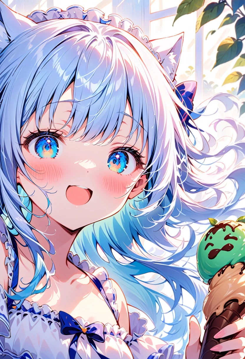 masterpiece, best quality, extremely detailed, (illustration, official art:1.1), 1 girl ,(((( light blue long hair)))), ,(((( light blue long hair)))),light blue hair, , long hair ((blush)) , cute face, big eyes, masterpiece, best quality,(((((a very delicate and beautiful girl))))),Amazing,beautiful detailed eyes,blunt bangs((((little delicate girl)))),tareme(true beautiful:1.2), sense of depth,dynamic angle,,,, affectionate smile, (true beautiful:1.2),,(tiny 1girl model:1.2),)(flat chest),A very beautiful light blue long hair girl is eating a giant ice cream in front cafe. 1girl, solo, (white tube-top), off shoulders, portrait, looking at ice cream cone, ((giant mint soft cream, and chocolate soft cream mixed)), food, open mouth, (holding ice cream cone), brown cone, long hair, swaying bangs, mint eyes, beautiful round eyes, long eyelashes, perfect her fingers, pale skin, 
