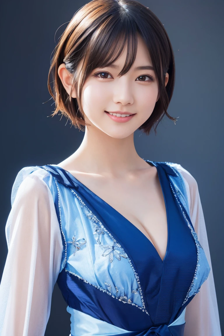 1 Girl, (Wearing colorful stage costumes:1.2), Very beautiful Japanese idol portraits, Face close-up, (RAW Photos, Highest quality), (Realistic, Realistic:1.4), (masterpiece), Very delicate and beautiful, Very detailed, 2k wallpaper, wonderful, finely, Very detailed CG Unity 8K wallpaper, Very detailed, High resolution, Soft Light, Beautiful detailed girl, Very detailed目と顔, Beautiful and sophisticated nose, Beautiful and beautiful eyes, Cinema Lighting, (Simple light color background:1.3), (short hair), (Bob), Complete Anatomy, Slender body, Small breasts, smile、In town