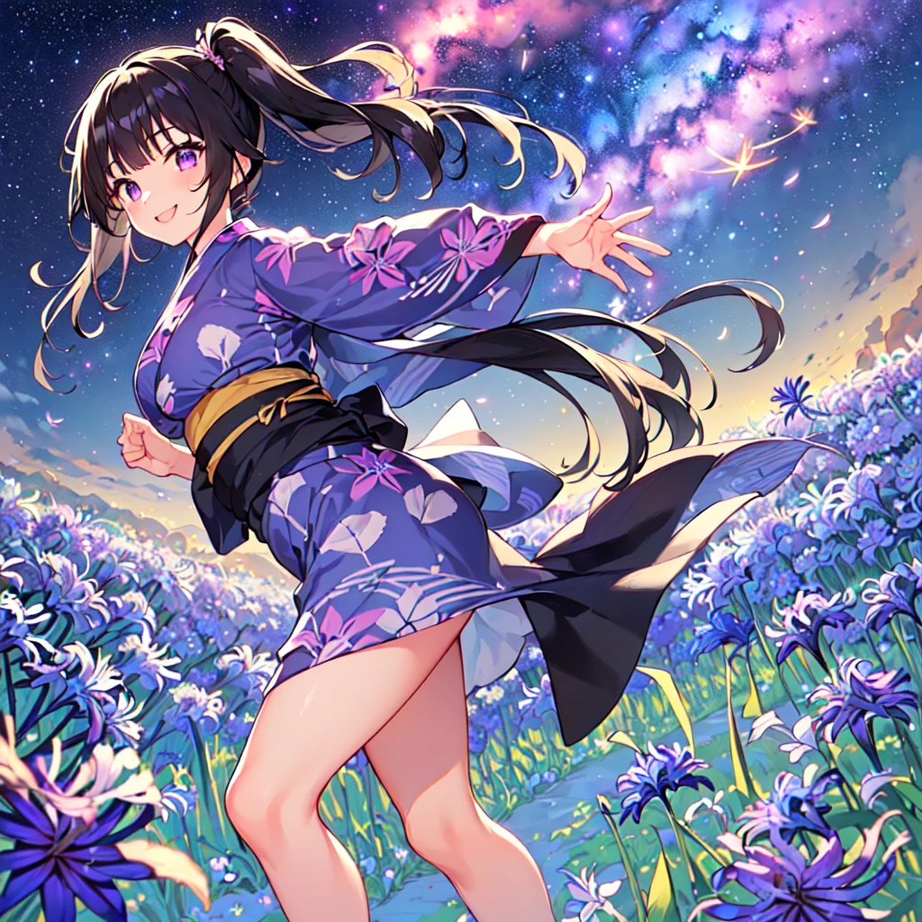 masterpiece, best quality, high quality, extremely detailed, very delicate and beautiful, (1 female 18 years old solo:1.5), (long black hair up to waist with two side up:1.5), bangs to eyebrows, eyes Eyes: 1.5), (long black hair up to waist with two side up), (bangs to eyebrows), (eyes: 1.3), (eye color magenta: 1.3), 6.5 head height, (yukata with agapanthus flower print: 1.3), knee socks, lace, frills, (smile), (running: 1.3), (smile), (dynamic pose), (agapanthus flower field in background: 1.3), ( Milky Way Night Sky: 1.3)